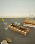 Set of Five Glass Bud Vases with Recycled Wood Base