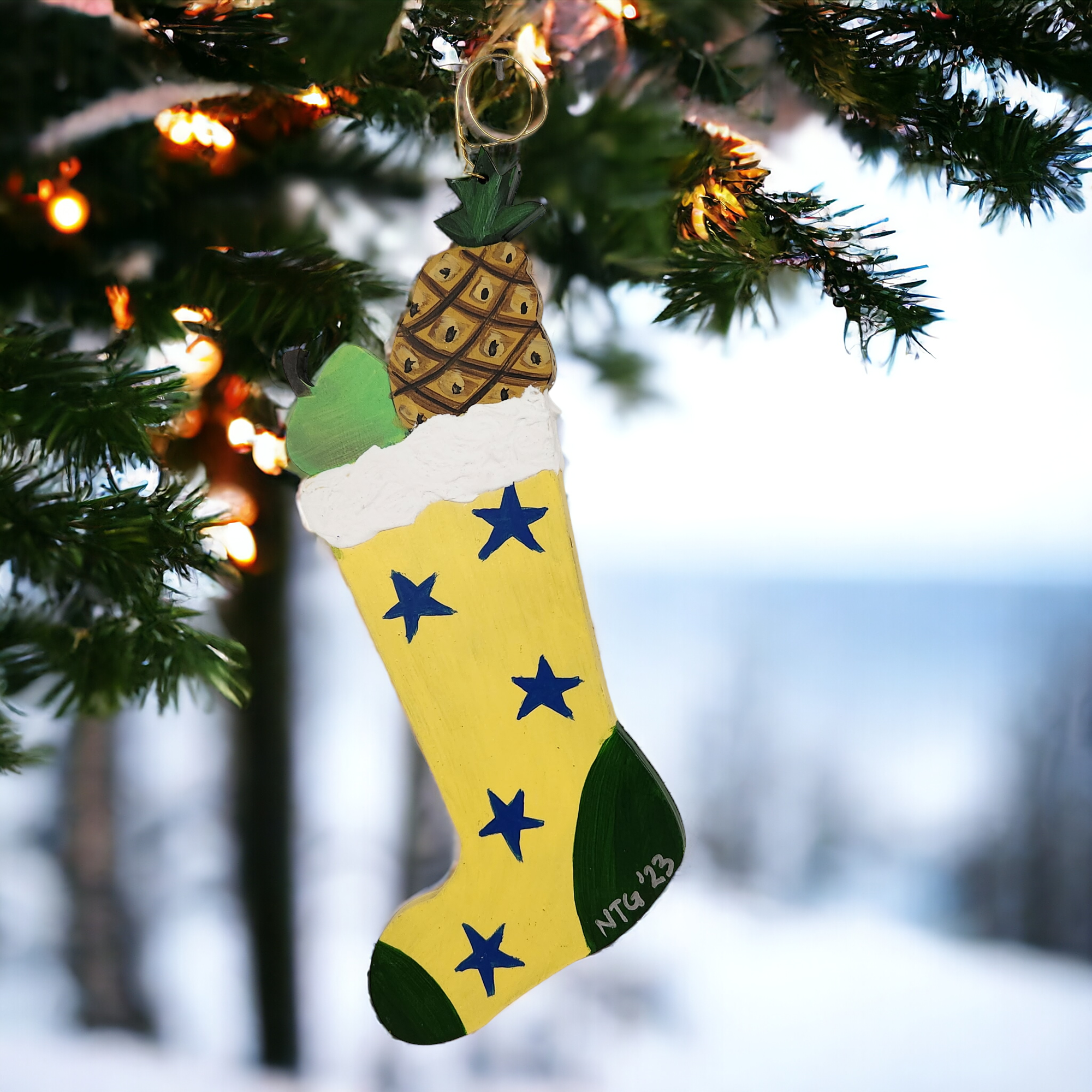 Nancy Thomas Stocking Ornament (Yellow w. Blue Stars)