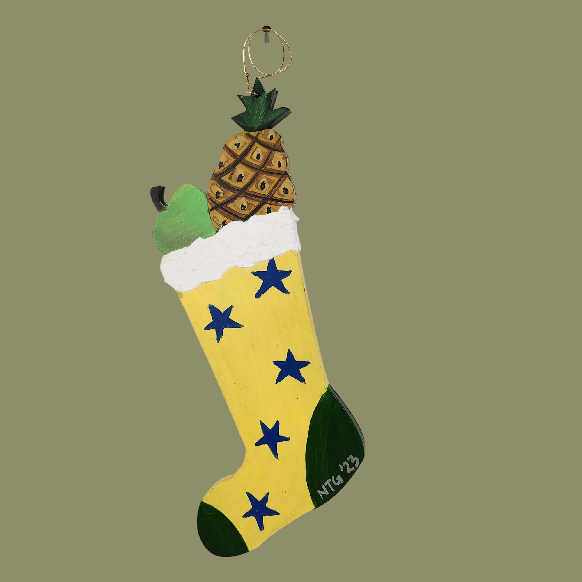 Nancy Thomas Stocking Ornament (Yellow w. Blue Stars)