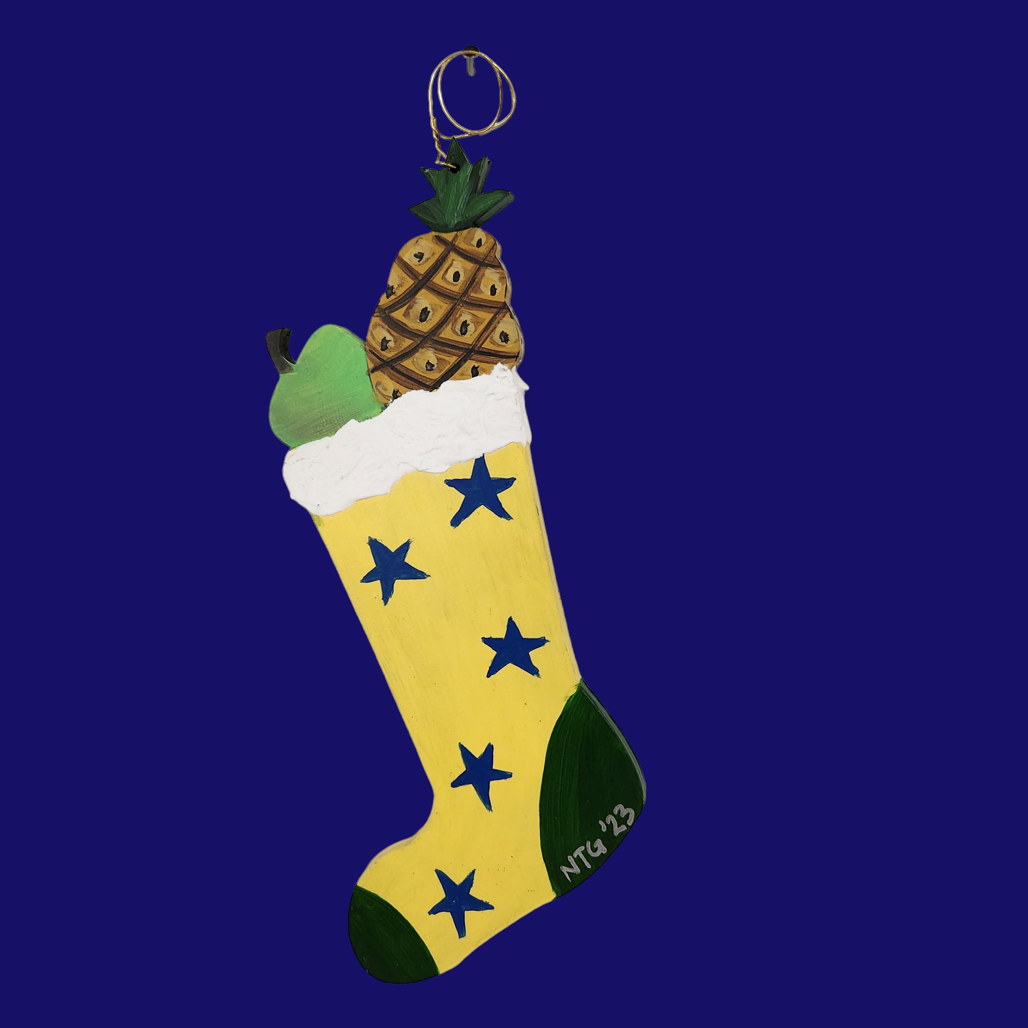 Nancy Thomas Stocking Ornament (Yellow w. Blue Stars)