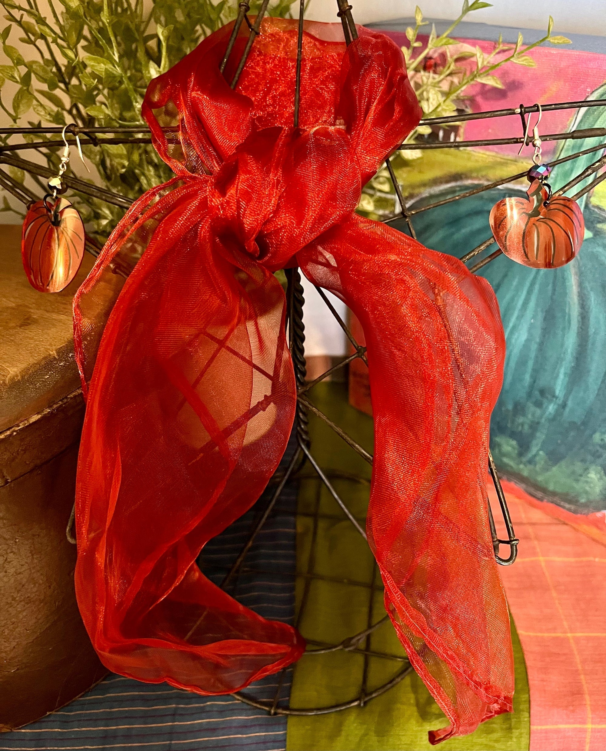 Halloween Spooky Earrings Sets - Rich Cocoa Brown Scarf &amp; Pumpkin Earrings