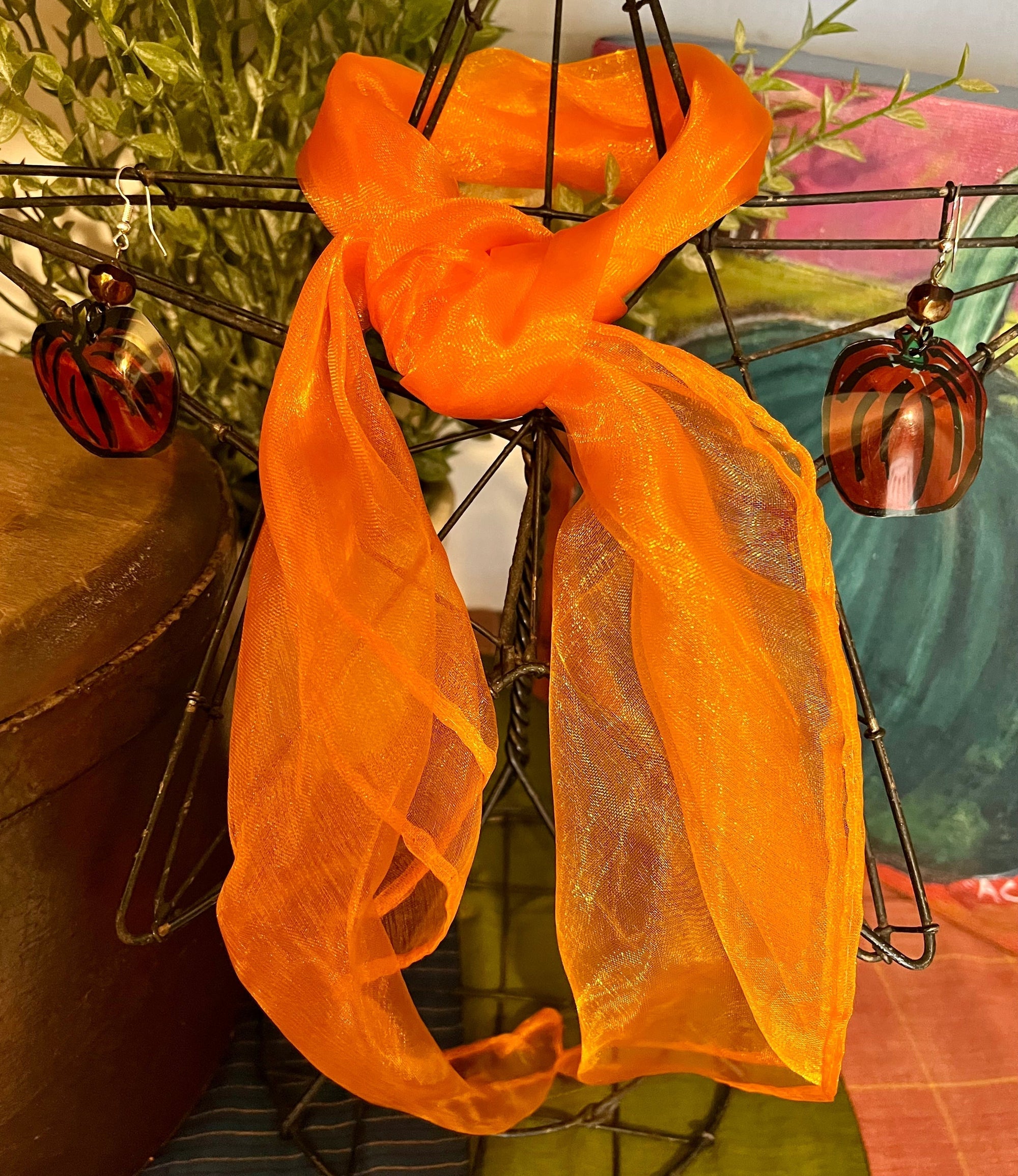 Halloween Spooky Earrings Sets - Rich Cocoa Brown Scarf &amp; Pumpkin Earrings