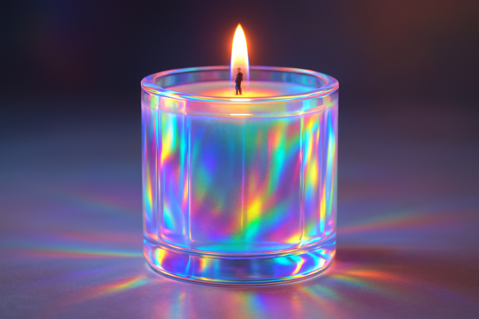 A hologram look candle with rainbow iridescent look