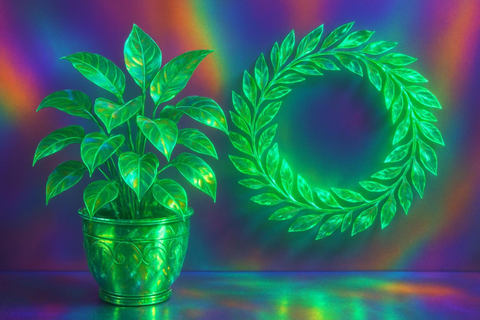 A houseplant and a wreath that are green hologram looking with rainbow iridescent background