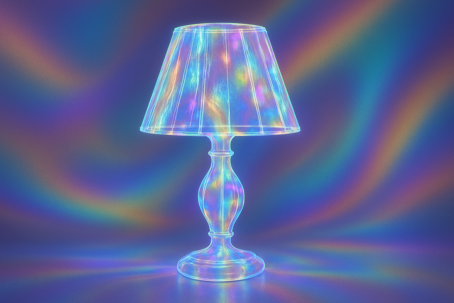 Make lamp look like a hologram and the background more iridescent. Not so painterly.