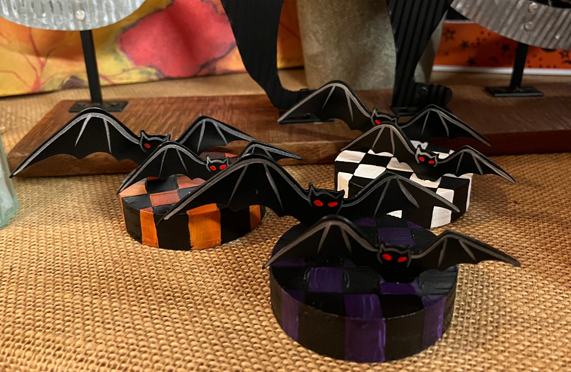 Bats Table Topper on Checked Base